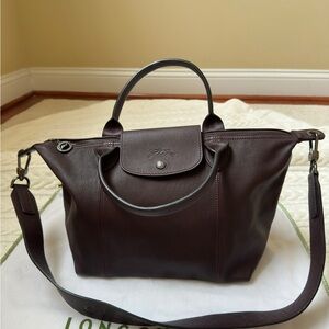 Longchamp Le Pliage Cuir Leather Top Handle Bag with Strap, Small, Burgundy
